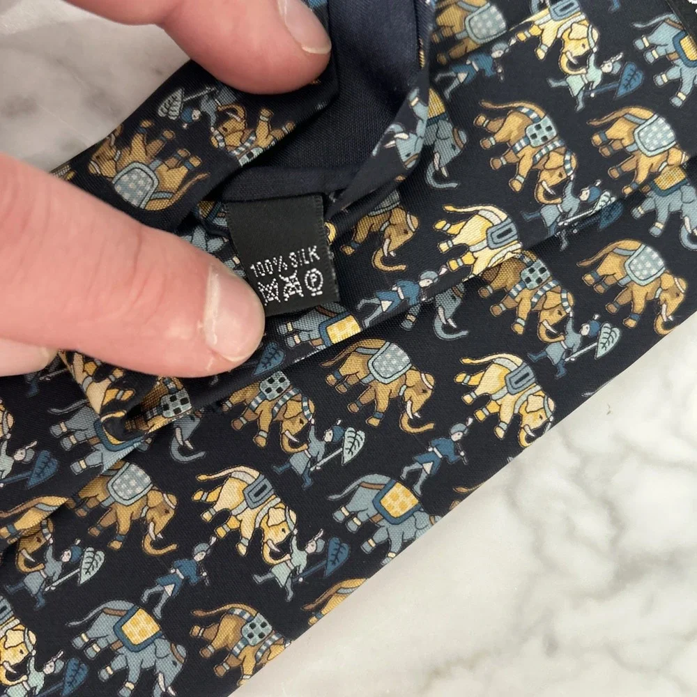 Jim Thompson 100% Silk Tie Whimsical Elephants Animal Print Blue & Tan